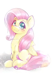 Size: 1668x2388 | Tagged: safe, artist:kurogewapony, derpibooru import, fluttershy, pegasus, pony, :3, blushing, happy, image, looking at you, png, simple background, smiling, smiling at you, solo, white background