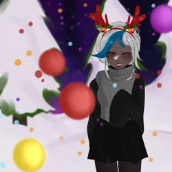 Size: 1024x1024 | Tagged: safe, artist:idkhesoff, derpibooru import, oc, oc:elizabat stormfeather, unofficial characters only, human, blushing, christmas, christmas tree, clothes, coat, cute, dark skin, eyes closed, fake antlers, fangs, female, holiday, humanized, humanized oc, image, mistletoe, night, ocbetes, png, skirt, snow, snowflake, socks, solo, stockings, sweater, thigh highs, tree