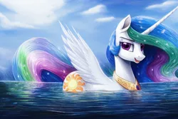 Size: 1920x1280 | Tagged: safe, derpibooru import, editor:dovakkins, machine learning generated, stable diffusion, princess celestia, alicorn, pony, beautiful, cute, female, image, jewelry, looking at you, missing accessory, open mouth, open smile, partially submerged, png, smiling, smiling at you, solo, sparkly mane, sparkly tail, spread wings, swanlestia, swimming, tail, water, wings