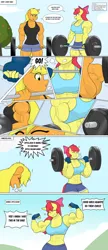 Size: 1333x3072 | Tagged: safe, artist:matchstickman, derpibooru import, apple bloom, applejack, anthro, earth pony, pony, tumblr:where the apple blossoms, abs, apple bloom's bow, apple brawn, applejacked, armpits, barbell, biceps, bow, breasts, busty apple bloom, busty applejack, close-up, clothes, comic, deltoids, dialogue, duo, female, fingerless gloves, flexing, gloves, gritted teeth, hair bow, image, jpeg, mare, matchstickman's apple brawn series, muscles, muscular female, older, older apple bloom, panting, pecs, shorts, sleeveless, speech bubble, teeth, thighs, thunder thighs, tumblr comic, weights