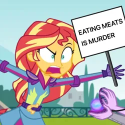 Size: 1280x1280 | Tagged: safe, derpibooru import, sunset shimmer, human, equestria girls, friendship games, angry, image, magic capture device, mouthpiece, open mouth, png, protest, protesting, shrunken pupils, sign, vegan, veganism