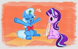 Size: 2022x1296 | Tagged: safe, artist:another_pony, derpibooru import, starlight glimmer, trixie, pony, unicorn, bow, duo, duo female, eyes closed, eyeshadow, female, image, jpeg, lesbian, looking at each other, looking at someone, makeup, mistletoe, present, ribbon, shipping, sitting, smiling, smiling at each other, startrix