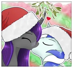 Size: 4594x4320 | Tagged: safe, artist:etheria galaxia, derpibooru import, oc, oc:etheria galaxia, oc:scratch wub, unofficial characters only, alicorn, pony, unicorn, alicorn oc, christmas, curved horn, eyes closed, female, glasses, hat, heart, holiday, horn, image, kiss on the lips, kissing, male, mare, mistletoe, png, santa hat, stallion, unicorn oc, watermark, wings