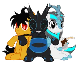 Size: 2073x1722 | Tagged: safe, artist:wheatley r.h., derpibooru import, oc, oc:blizzard flare, oc:rito, oc:w. rhinestone eyes, unofficial characters only, changeling, kirin, pegasus, pony, derpibooru community collaboration, 2023 community collab, automata, blue changeling, changeling oc, chocolate, derpibooru exclusive, eyes closed, female, folded wings, food, happy, honeypot changeling, image, kirin oc, male, mare, pegasus oc, png, simple background, stallion, transparent background, vector, wings