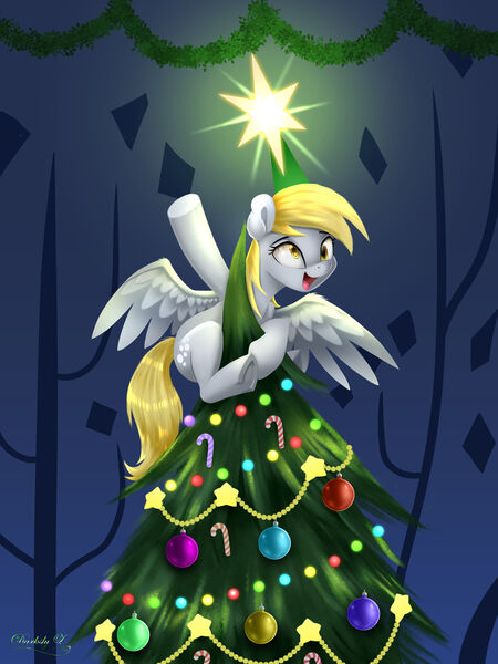 Size: 2250x3000 | Tagged: safe, artist:darksly, derpibooru import, derpy hooves, pegasus, pony, a hearth's warming tail, christmas, christmas lights, christmas tree, cute, derpabetes, derpy being derpy, derpy star, female, holiday, image, jpeg, mare, open mouth, solo, stars, tree