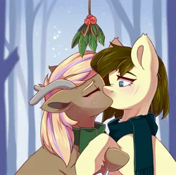 Size: 2048x2038 | Tagged: safe, artist:cheekipone, derpibooru import, oc, oc:dusty heartwood, oc:willow heartwood, unofficial characters only, deer, earth pony, pony, antlers, blonde hair, blue eyes, brown mane, cervine, christmas, clothes, cute, deer oc, earth pony oc, female, forest, hearth's warming, hearth's warming eve, holiday, holly, holly mistaken for mistletoe, image, jpeg, kiss on the lips, kissing, lesbian, mare, non-pony oc, oc x oc, pink hair, pony oc, scarf, shipping, snow, tree