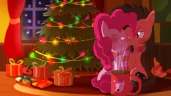 Size: 1920x1080 | Tagged: safe, artist:mrkat7214, derpibooru import, pinkie pie, oc, oc:ace play, earth pony, pony, blushing, canon x oc, christmas, christmas lights, christmas tree, clothes, facial hair, female, goatee, holiday, image, jpeg, male, mare, mug, pinkieplay, plushie, present, scarf, shared clothing, shared scarf, shipping, sitting, smiling, snuggling, stallion, straight, tree