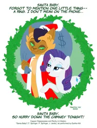 Size: 680x900 | Tagged: safe, artist:tim-kangaroo, derpibooru import, capper dapperpaws, rarity, my little pony: the movie, bag, christmas, christmas wreath, clothes, costume, hat, holiday, image, looking at each other, looking at someone, money bag, png, santa costume, santa hat, simple background, smiling, white background, wreath