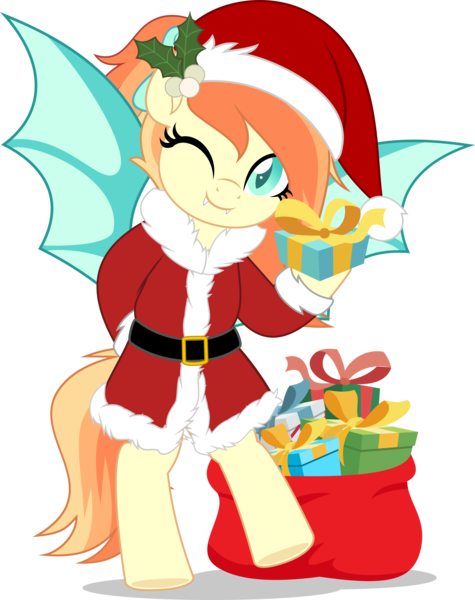 Size: 3959x5000 | Tagged: safe, artist:jhayarr23, derpibooru import, oc, oc:sunshine drift, unofficial characters only, bat pony, pony, bag, bat pony oc, bat wings, christmas, clothes, commission, costume, fangs, female, hat, holding a present, holiday, image, looking at you, mare, mistleholly, one eye closed, one eye open, png, present, santa costume, santa hat, simple background, smiling, smiling at you, solo, spread wings, transparent background, wings, wink, winking at you, ych result