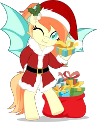 Size: 3959x5000 | Tagged: safe, artist:jhayarr23, derpibooru import, oc, oc:sunshine drift, unofficial characters only, bat pony, pony, bag, bat pony oc, bat wings, christmas, clothes, commission, costume, fangs, female, hat, holding a present, holiday, image, looking at you, mare, mistleholly, one eye closed, one eye open, png, present, santa costume, santa hat, simple background, smiling, smiling at you, solo, spread wings, transparent background, wings, wink, winking at you, ych result