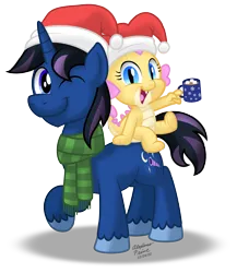 Size: 2923x3361 | Tagged: safe, artist:aleximusprime, derpibooru import, oc, oc:buttercream, oc:buttercream the dragon, oc:nightwatch, oc:nightwatch the unicorn, fanfic:my little sister is a dragon, chocolate, christmas, clothes, cute, food, happy hearth's warming, hat, hearth's warming eve, holiday, hot chocolate, image, marshmallow, merry christmas, mug, one eye closed, png, santa hat, scarf, sitting on, sitting on person, sitting on pony, wink