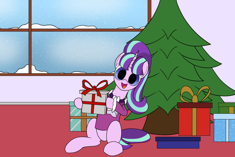 Size: 4890x3265 | Tagged: safe, derpibooru import, snowfall frost, starlight glimmer, pony, unicorn, christmas, christmas tree, gift giving, gift wrapped, holiday, image, jpeg, looking at you, present, sitting, smiling, smiling at you, snow, snowfall, tree