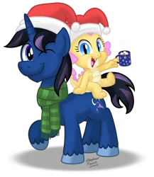 Size: 1920x2208 | Tagged: safe, artist:aleximusprime, derpibooru import, oc, oc:buttercream the dragon, oc:nightwatch, dragon, pony, unicorn, fanfic:my little sister is a dragon, flurry heart's story, baby, baby dragon, chocolate, christmas, clothes, dragon oc, dragoness, duo, duo male and female, fangs, female, food, hat, holiday, horn, hot chocolate, image, looking at you, male, marshmallow, mug, non-pony oc, one eye closed, open mouth, open smile, png, riding, riding a pony, santa hat, scarf, simple background, smiling, stallion, transparent background, unicorn oc, unshorn fetlocks, wink, winking at you