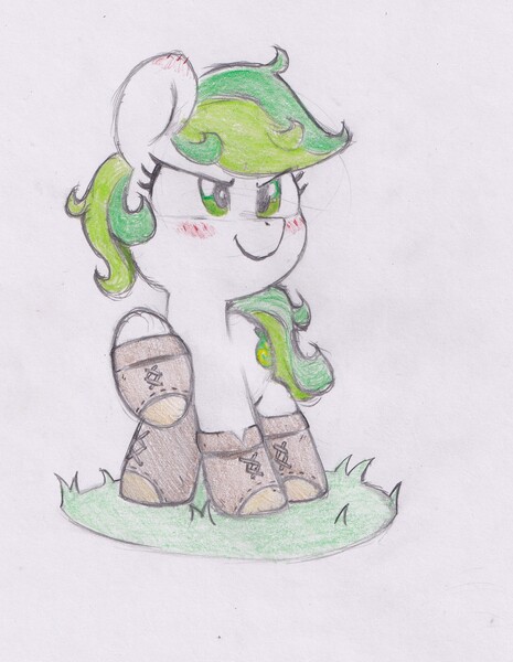 Size: 1508x1945 | Tagged: safe, artist:foxtrot3, derpibooru import, oc, oc:karakusa, unofficial characters only, earth pony, pony, boots, clothes, female, filly, foal, grass, grin, image, jpeg, pose, shoes, smiling