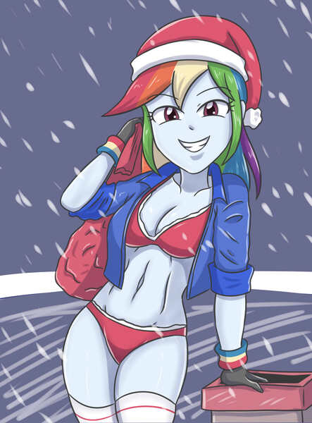 Size: 2182x2952 | Tagged: suggestive, artist:sumin6301, derpibooru import, rainbow dash, equestria girls, belly button, bra, breasts, christmas, clothes, gloves, hat, holiday, image, jpeg, looking at you, santa hat, underwear