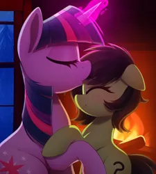 Size: 2700x3000 | Tagged: safe, artist:thebatfang, derpibooru import, twilight sparkle, oc, oc:anonfilly, earth pony, pony, unicorn, blushing, cute, duo, duo female, female, filly, fire, fireplace, foal, forehead kiss, image, kissing, magic, png, unicorn twilight, window