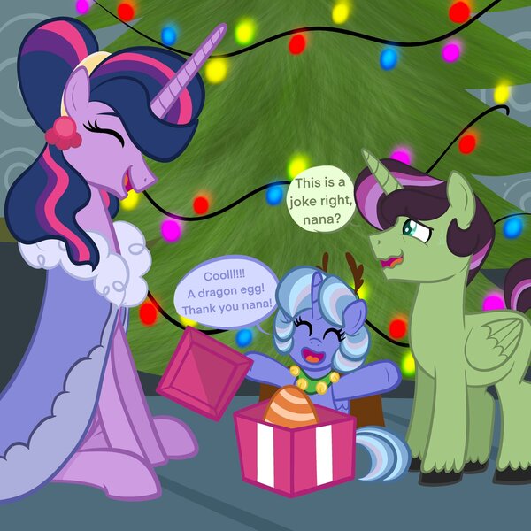 Size: 2048x2048 | Tagged: safe, artist:chelseawest, derpibooru import, princess twilight 2.0, twilight sparkle, twilight sparkle (alicorn), oc, oc:azure star, oc:emerald spark, alicorn, the last problem, alicorn oc, christmas, dragon egg, egg, holiday, horn, image, jpeg, offspring, offspring's offspring, older, older twilight, parent:oc:blue belle, parent:oc:emerald spark, parents:oc x oc, petalverse, present, wings