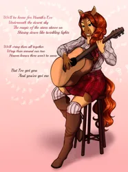 Size: 2560x3440 | Tagged: safe, artist:blackblood-queen, derpibooru import, oc, oc:honeypot meadow, unofficial characters only, anthro, earth pony, pony, unguligrade anthro, acoustic guitar, anthro oc, bar stool, christmas, clothes, commission, digital art, earth pony oc, female, guitar, hearth's warming eve, holiday, image, mare, music, musical instrument, png, singing, sitting, smiling, solo