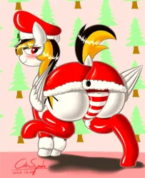Size: 3000x3694 | Tagged: suggestive, artist:cdrspark, derpibooru import, oc, oc:spark apocalypse, unofficial characters only, pegasus, pony, bedroom eyes, blushing, butt, butt focus, cap, christmas, clothes, dock, female, folded wings, hat, holiday, image, large butt, latex, military uniform, mistletoe, panties, png, red coat, red underwear, rubber boots, socks, solo, solo female, tail, thigh highs, underwear, uniform, wings