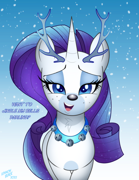 Size: 1400x1801 | Tagged: safe, artist:lennonblack, derpibooru import, rarity, deer, deer pony, original species, pony, reindeer, unicorn, antlers, bedroom eyes, bell, bell collar, bells, christmas, collar, darling, dialogue, female, freckles, holiday, image, jingle bells, looking at you, mare, neck fluff, open mouth, open smile, png, rarideer, reindeerified, smiling, solo, species swap, talking to viewer, text