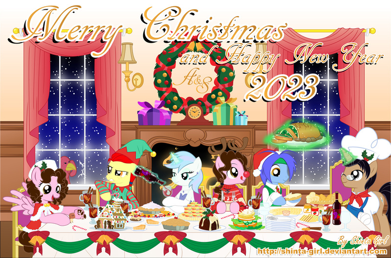 Size: 1797x1186 | Tagged: safe, artist:shinta-girl, derpibooru import, oc, oc:frozen rose, oc:shinta pony, oc:taekwon magic, unofficial characters only, aaron pony, angel, card, christmas, dinner, food, group, happy new year, holiday, image, joshka, jpeg, merry christmas