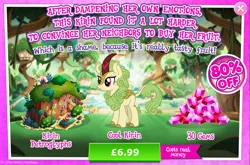 Size: 1965x1298 | Tagged: safe, derpibooru import, official, spring glow, kirin, advertisement, background character, background kirin, bush, cloven hooves, costs real money, english, female, gameloft, gem, glyph, horn, image, jpeg, my little pony: magic princess, numbers, sale, solo, solo focus, text