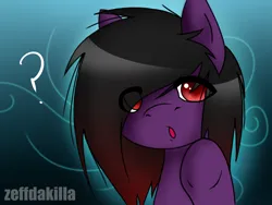 Size: 4000x3000 | Tagged: safe, artist:zeffdakilla, derpibooru import, oc, oc:frankie fang, unofficial characters only, pegasus, pony, abstract background, black mane, confused, emo, image, long hair, looking at you, male, png, purple fur, question mark, raised hoof, red eyes, scene, scene kid, solo