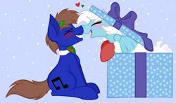Size: 5015x2955 | Tagged: safe, artist:feather_bloom, derpibooru import, oc, earth pony, pegasus, pony, blushing, bow, bowtie, box, clothes, heart, hearth's warming eve, image, love, mistletoe, png, pony in a box, present, simple background, socks