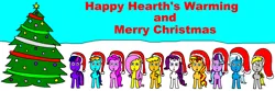 Size: 3218x1072 | Tagged: safe, derpibooru import, applejack, derpy hooves, fluttershy, pinkie pie, rainbow dash, rarity, starlight glimmer, sunset shimmer, trixie, twilight sparkle, twilight sparkle (alicorn), alicorn, earth pony, pegasus, pony, unicorn, alternate mane seven, christmas, christmas tree, hat, hearth's warming, holiday, image, mane six, png, santa hat, snow, tree