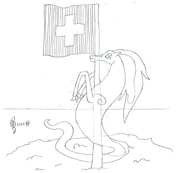 Size: 1972x1932 | Tagged: safe, artist:parclytaxel, derpibooru import, oc, oc:spindle, unofficial characters only, windigo, ain't never had friends like us, albumin flask, coiling, female, flag, flagpole, floating, image, jungfrau, lineart, monochrome, mountain, parcly taxel in europe, pencil drawing, png, smiling, snow, solo, story included, switzerland, traditional art, windigo oc