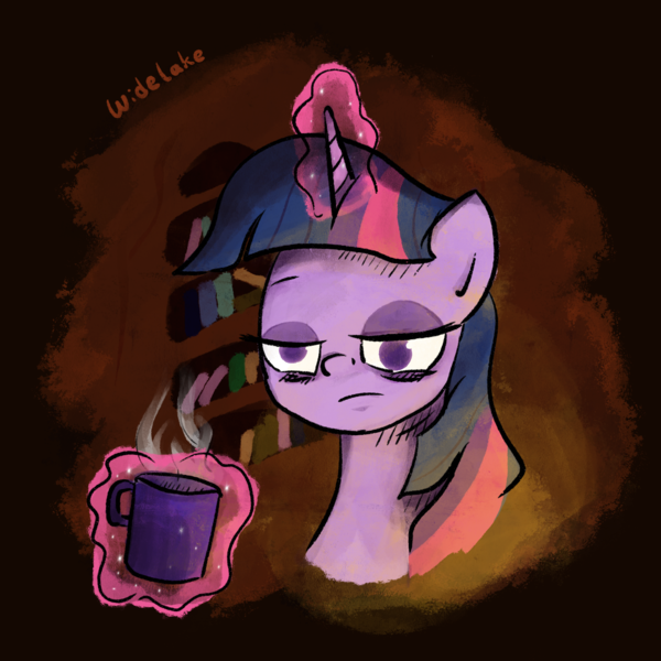 Size: 3000x3000 | Tagged: safe, artist:widelake, derpibooru import, twilight sparkle, alicorn, black background, dark background, image, library, magic, magic aura, mug, night, png, simple background, sleepy, solo