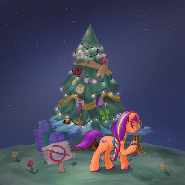 Size: 4096x4096 | Tagged: safe, artist:felldeal, derpibooru import, earth pony, series:daily drawing december, christmas, christmas tree, holiday, image, jpeg, night, solo, tree