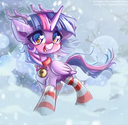 Size: 1050x1029 | Tagged: safe, artist:chaosangeldesu, derpibooru import, twilight sparkle, twilight sparkle (alicorn), alicorn, pony, bell, bell collar, blushing, christmas, christmas stocking, clothes, collar, cute, holiday, image, jpeg, looking at you, smiling, smiling at you, snow, snowfall, socks, solo, striped socks, winter