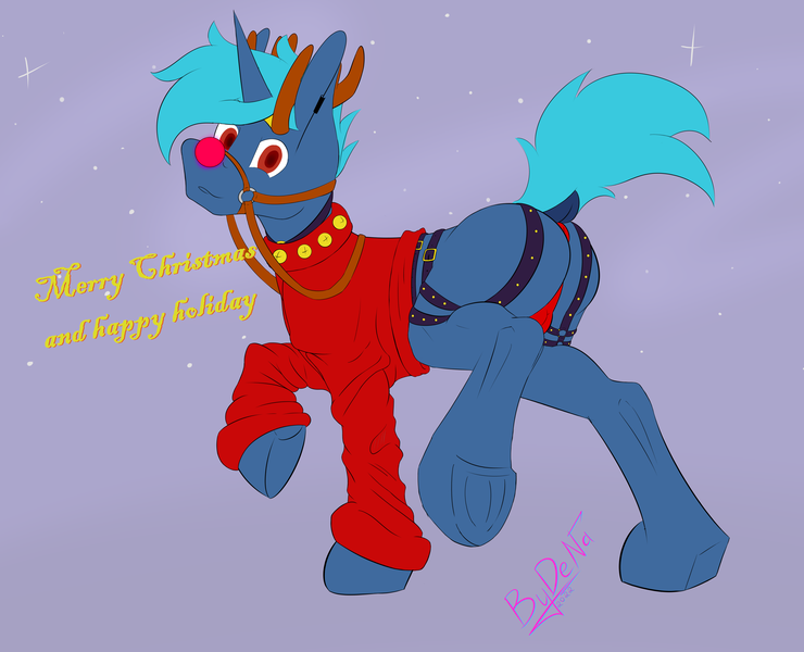 Size: 4650x3768 | Tagged: safe, artist:bydena, derpibooru import, oc, oc:bydena, unicorn, blue hair, christmas, clothes, colored sketch, harness, holiday, horn, image, male, png, red eyes, red nose, simple background, solo, solo male, sweater, tack, unicorn oc
