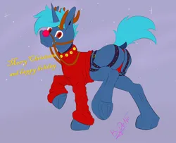 Size: 4650x3768 | Tagged: safe, artist:bydena, derpibooru import, oc, oc:bydena, unicorn, blue hair, christmas, clothes, colored sketch, harness, holiday, horn, image, male, png, red eyes, red nose, simple background, solo, solo male, sweater, tack, unicorn oc