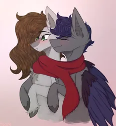 Size: 2117x2293 | Tagged: safe, artist:tocik, derpibooru import, oc, oc:cj vampire, oc:zephyr star, unofficial characters only, bat pony, earth pony, pony, blushing, clothes, commission, image, nuzzles, nuzzling, png, scarf, shared clothing, shared scarf, ship, shipping, simple background, snuggling, ych result