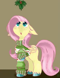 Size: 921x1185 | Tagged: safe, artist:pagophasia, derpibooru import, fluttershy, pegasus, pony, blushing, christmas, clothes, colored hooves, cute, derpibooru exclusive, eye reflection, female, full body, hearth's warming, holiday, holly, holly mistaken for mistletoe, image, impossibly long eyelashes, looking up, png, raised hoof, reflection, shyabetes, simple background, solo, surprised, sweater, sweatershy, unshorn fetlocks, wings