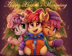 Size: 1439x1119 | Tagged: safe, artist:zeepheru_pone, derpibooru import, apple bloom, scootaloo, sweetie belle, earth pony, pegasus, pony, unicorn, adorabloom, bow, cheek fluff, christmas, christmas lights, christmas tree, clothes, cute, cutealoo, cutie mark crusaders, diasweetes, ear fluff, eyebrows, eyebrows visible through hair, female, filly, foal, hair bow, hat, hearth's warming, holiday, image, looking at you, one eye closed, png, present, scarf, shared clothing, shared scarf, smiling, sweater, tree, trio, wink