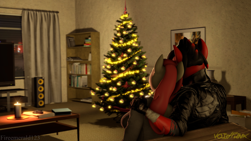 Size: 3840x2160 | Tagged: safe, artist:fireemerald123, derpibooru import, oc, oc:holly berry, oc:page feather, unofficial characters only, anthro, 3d, candle, christmas, christmas tree, clothes, duo, gun, handgun, holiday, image, jacket, leather, leather jacket, night, png, revolver, source filmmaker, tree, vase, voidpunk, watermark, weapon