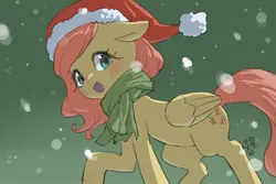 Size: 1800x1200 | Tagged: safe, artist:yanamosuda, derpibooru import, fluttershy, pegasus, pony, blushing, christmas, clothes, cute, female, floppy ears, gradient background, hat, holiday, image, jpeg, looking at you, mare, open mouth, open smile, santa hat, scarf, shyabetes, smiling, smiling at you, snow, snowfall, solo
