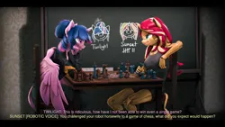Size: 9600x5400 | Tagged: safe, artist:imafutureguitarhero, derpibooru import, sci-twi, sunset shimmer, twilight sparkle, twilight sparkle (alicorn), alicorn, anthro, classical unicorn, pony, robot, robot pony, unguligrade anthro, unicorn, 3d, absurd file size, absurd resolution, arm freckles, black bars, boots, chair, chalk, chalk drawing, chalkboard, chess, chess piece, chessboard, chest fluff, chest freckles, clothes, clothes swap, cloven hooves, colored eyebrows, colored eyelashes, conversation, denim, dialogue, dialogue in the description, duo, ear fluff, female, fluffy, fluffy hair, fluffy mane, fluffy tail, freckles, frustrated, fur, horn, image, jacket, jeans, jpeg, leather, leather jacket, leg freckles, leonine tail, looking at each other, looking at someone, mare, multicolored hair, multicolored mane, multicolored tail, neck fluff, nose wrinkle, paintover, pants, peppered bacon, revamped anthros, revamped ponies, roboticization, scitwilicorn, shimmerbot, shipping, shoes, shorts, signature, sitting, smiling, smug, smugset shimmer, source filmmaker, story included, subtitles, table, tail, tail fluff, tally marks, tanktop, text, traditional art, unshorn fetlocks, wall of tags, wing fluff, wings