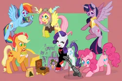 Size: 2965x1968 | Tagged: safe, alternate version, artist:spring_spring, derpibooru import, applejack, big macintosh, fluttershy, pinkie pie, rainbow dash, rarity, shining armor, twilight sparkle, twilight sparkle (alicorn), alicorn, best gift ever, armor, bag, burger, christmas, christmas rift, christmas tree, clothes, commission, craft, food, gold, hat, hearth's warming, holiday, horseshoes, image, implied big macintosh, implied cheese sandwich, implied discord, implied maud pie, implied scootaloo, implied shining armor, implied spike, implied sweetie belle, jacket, mane six, music box, paper bag, party cannon, png, present, rock, scooter, sculpture, shadow, shining, simple background, singing, tree