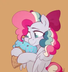 Size: 1648x1728 | Tagged: safe, artist:jewellier, derpibooru import, oc, oc:sky sorbet, unofficial characters only, pegasus, pony, bow, female, food, hair bow, ice cream, ice cream cone, image, mare, pegasus oc, plushie, png, simple background, solo, wings