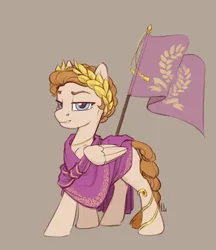 Size: 1544x1788 | Tagged: safe, artist:jewellier, derpibooru import, oc, unofficial characters only, pegasus, pony, braid, clothes, flag, flag pole, gold, image, jewelry, laurel wreath, pegasus oc, png, simple background, toga, wings