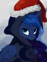 Size: 1800x2388 | Tagged: safe, artist:some_ponu, derpibooru import, princess luna, alicorn, pony, christmas, clothes, frown, hat, holiday, hoodie, image, looking at you, png, santa hat, solo, unamused