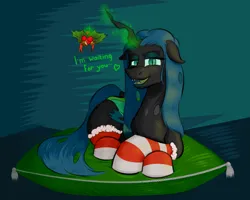 Size: 2500x2000 | Tagged: safe, artist:oldman, derpibooru import, queen chrysalis, changeling, changeling queen, christmas, clothes, female, holiday, holly, holly mistaken for mistletoe, image, lying down, pillow, png, socks, solo, striped socks
