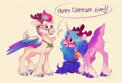 Size: 3428x2328 | Tagged: safe, artist:imalou, derpibooru import, izzy moonbow, zipp storm, deer, pegasus, reindeer, unicorn, bell, bell collar, bridle, chest fluff, christmas, cloven hooves, collar, dialogue, g5, happy, harness, holiday, image, jpeg, reindeerified, smiling, species swap, spread wings, tack, unshorn fetlocks, wings
