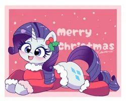 Size: 2048x1644 | Tagged: safe, artist:leo19969525, derpibooru import, rarity, pony, unicorn, blue eyes, blushing, christmas, christmas outfit, ears, ears up, female, hair, holiday, horn, image, jpeg, lying down, mane, mare, open mouth, open smile, prone, smiling, solo, sploot, tail, text