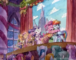Size: 3199x2495 | Tagged: safe, artist:the-wizard-of-art, derpibooru import, apple bloom, applejack, chancellor puddinghead, clover the clever, commander hurricane, fluttershy, lyra heartstrings, minuette, pinkie pie, princess platinum, private pansy, rainbow dash, rarity, scootaloo, smart cookie, spike, sweetie belle, twilight sparkle, dragon, earth pony, pegasus, pony, unicorn, hearth's warming eve (episode), background pony audience, clothes, costume, cutie mark crusaders, eyes closed, female, filly, foal, group, hearth's warming eve, hug, image, mane six, mare, open mouth, open smile, png, smiling, stage, traditional art, unicorn twilight, wreath