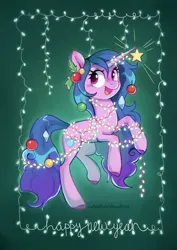 Size: 908x1280 | Tagged: safe, artist:anotherdeadrat, derpibooru import, izzy moonbow, pony, unicorn, blushing, christmas, christmas lights, female, g5, happy new year, holiday, image, jpeg, mare, open mouth, open smile, ornament, smiling, solo, string lights